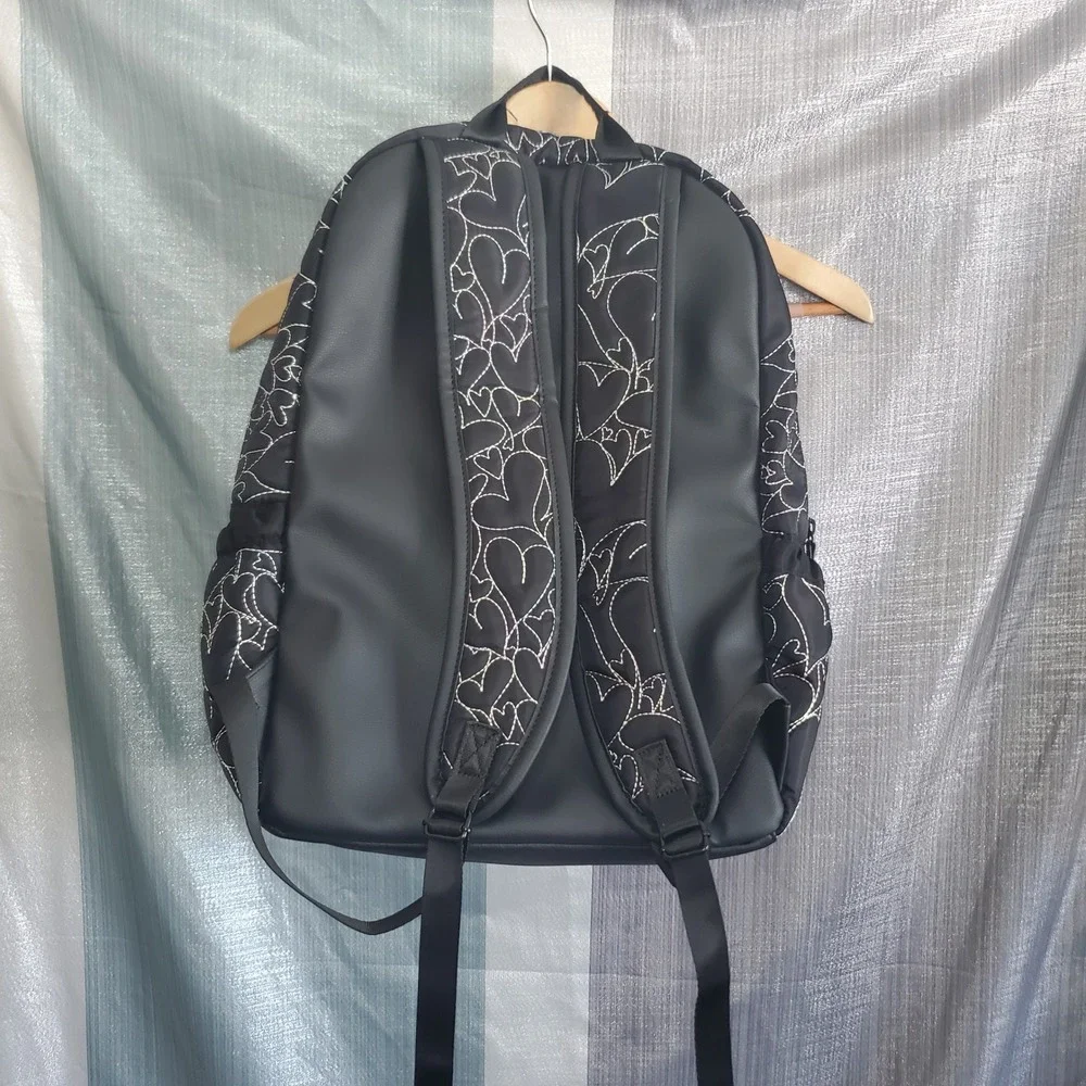 Luv Betsey Johnson Black Quilted Heart Backpack Rainbow Stitching and bag 2p set